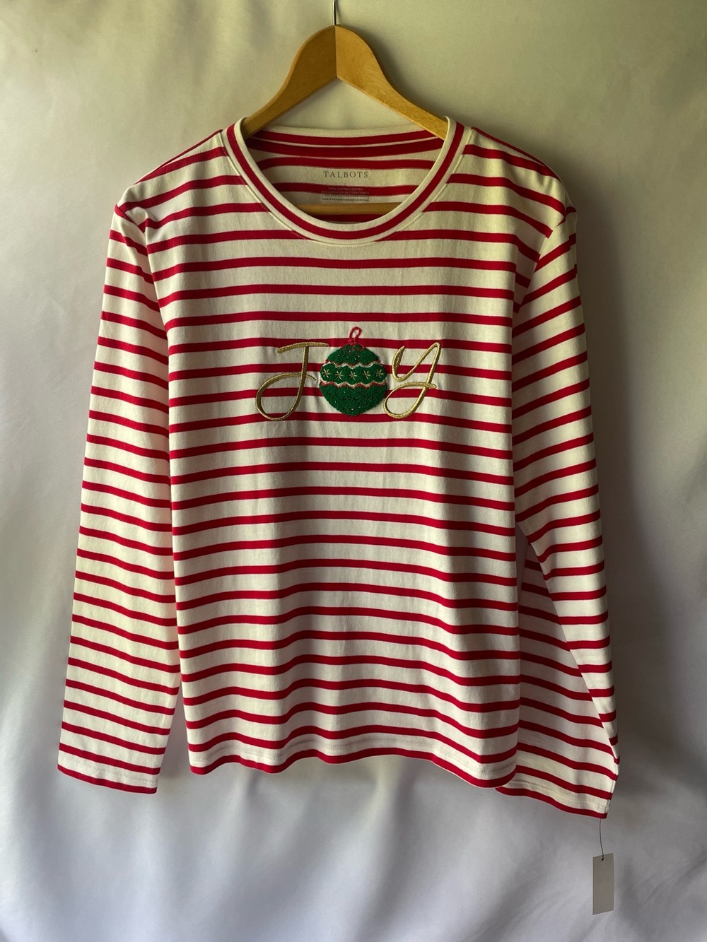 Talbots Women’s Red & White Striped Long-Sleeve Top with Holiday Embroidery Sz L